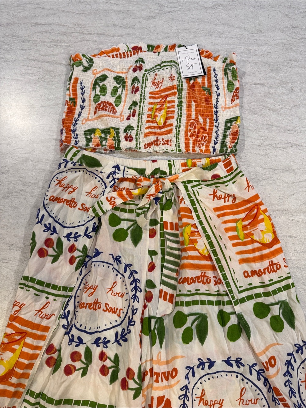 Club Z Collection Boho Smocked Strapless Two-Piece Set - Orange & Green Print